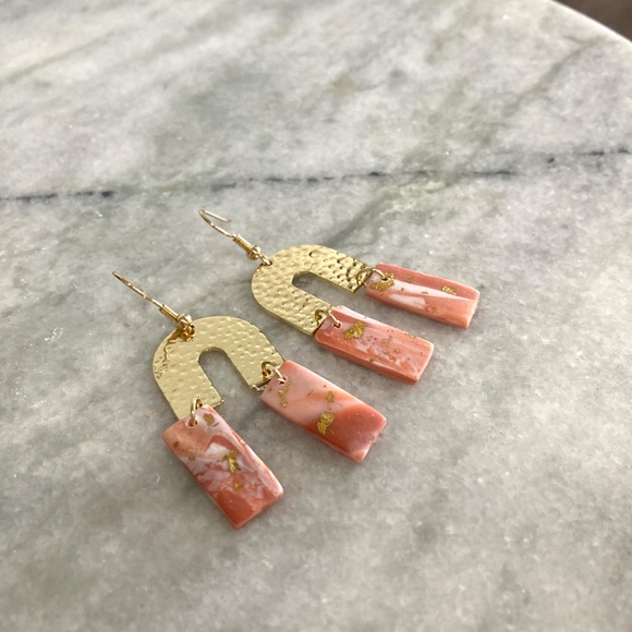 Horseshoe Gold Foil Flecked Polymer Clay Drop Pink and Gold Earrings - Picture 4 of 4